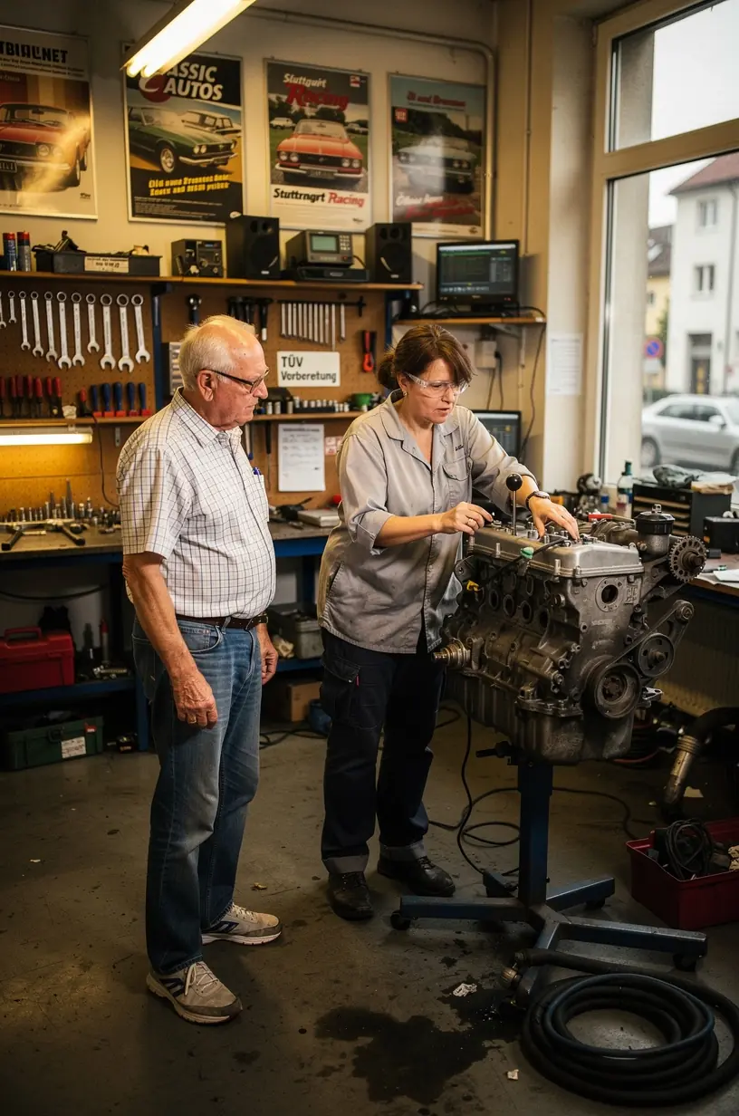 Automobilfahrer bespricht mit Werkstattmeister die notwendigen Reparaturen vor TÜV-Prüfung.